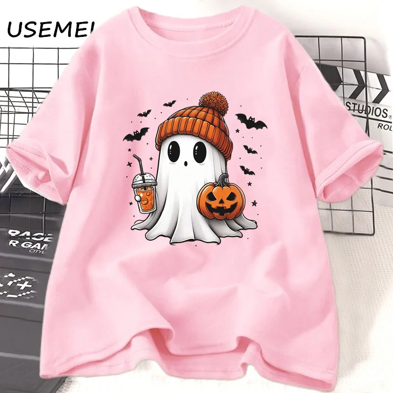 Halloween Ghost Coffee T Shirt Cotton Short Sleeve Cute Ghost Womens Halloween T-Shirt Fall Spooky Season Tshirt Unisex Clothes