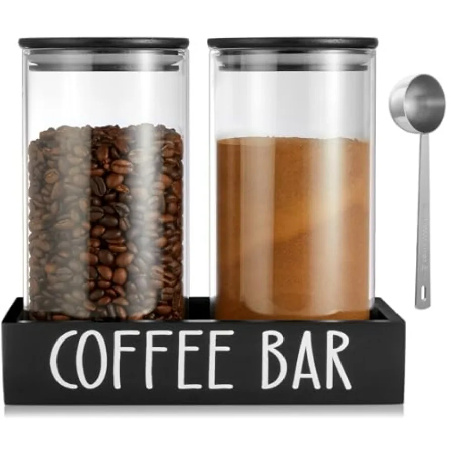 

Glass Coffee Canister for Ground Coffee - 2Pcs 45oz Coffee and Sugar Container Set with Airtight Bamboo Lids and Tray - Farmhou