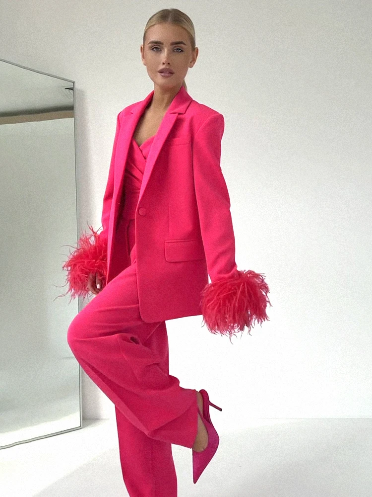 VC Sets For Women 2 Pieces Loose Office Outfit Hot Pink Feather Long Sleeve Blazer+ Trousers Suit Female Clothing