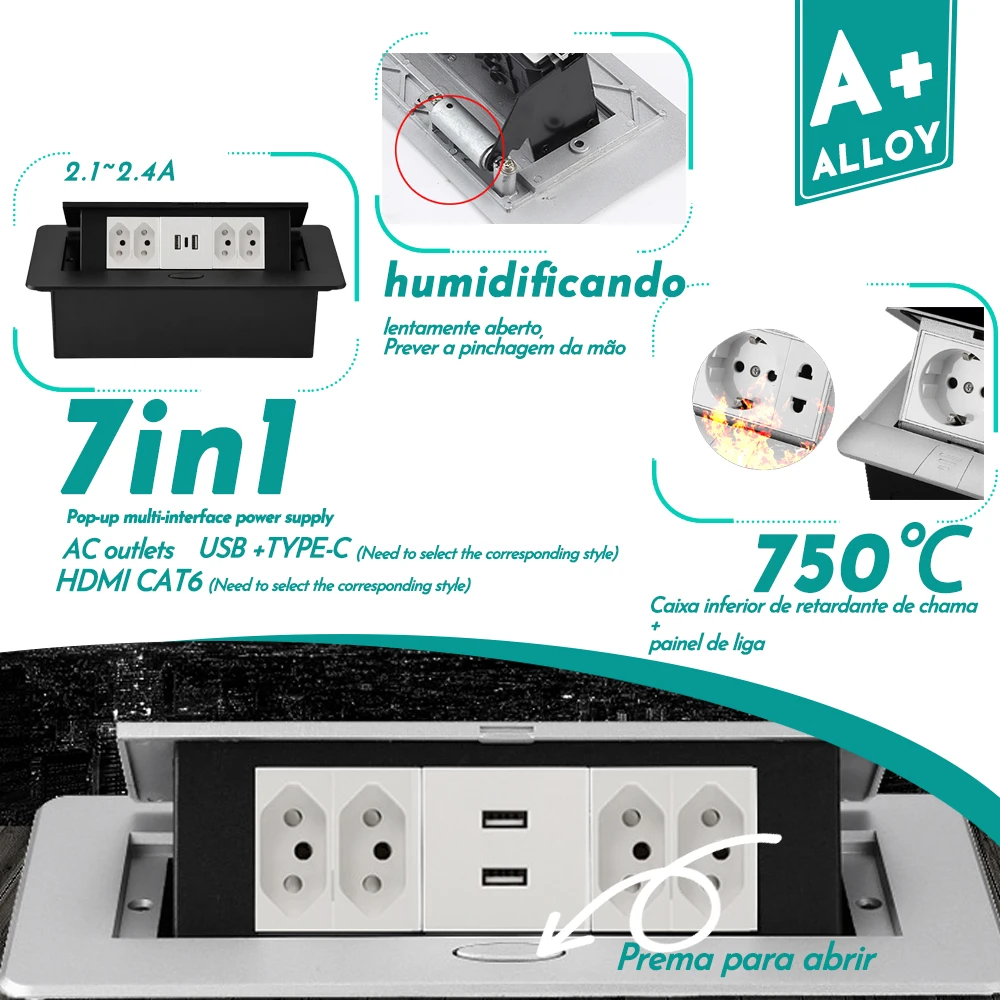 FUNAYA Brazil Table Pop Up Sockets 16A 4 Outlets 2 USB AC 110~440V Switzerland Alloy Black Electric Built in Hidden Power Socket