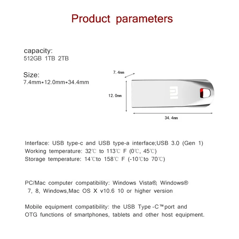 Xiaomi 2TB USB 3.0 U Disk Metal Pen Drive 1TB 512GB Large Capacity High Speed Transmission Waterproof Portable Memory Storage