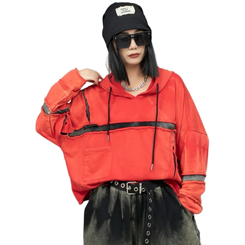 Vintage Contrasting Loose Hooded Sweatshirt Women 2024 Autumn Fashion Top Trendy LX2241