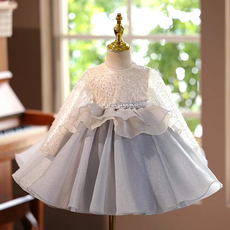 2025 New year gorgeous Children Baby Girl pearl Dresses Birthday Princess Prom Dress for Kids sequin Long sleeved Ball Gown