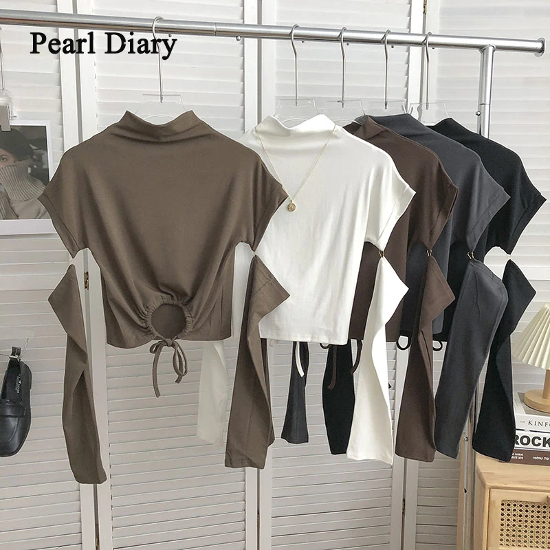 

Pearl Diary Autumn American Retro Half Collar Short Crop Tops Fashion Pure Colour Knitting T-Shirt All-Match Slim Long Sleeve T