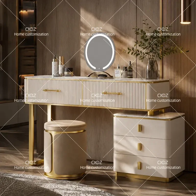 Italian light luxury rock slab dresser combination small apartment bedroom household makeup table with mirror and stool three