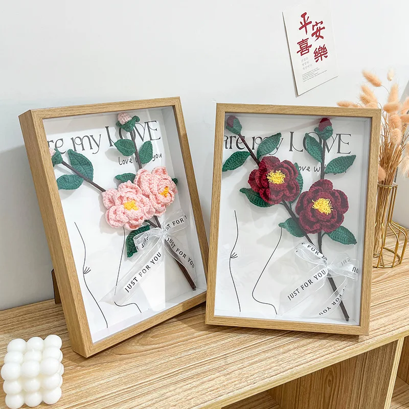 

Hand-woven Wool Bouquet Finished Photo Frame Desktop Ornaments Simulation Camellia Bouquet Finished For Girlfriend