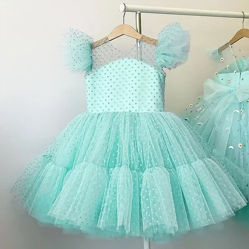 Summer Girl Dresses for Kids Birthday Party Outfits Polka-Dots Flying Sleeve Princess Dress Children Pageant Wedding Formal Gown