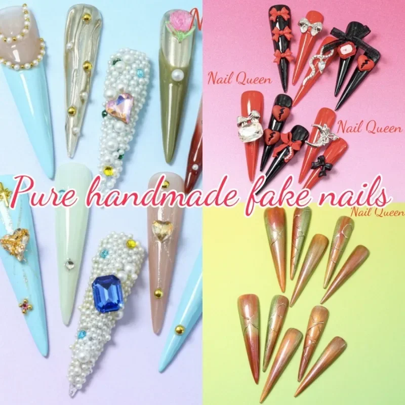 

10pc Press on Nails Halloween Hot Ultra Long Water Drop Style Pure Handmade Fake Nails 3d Rhinestone Pearl Bow Removable Durable