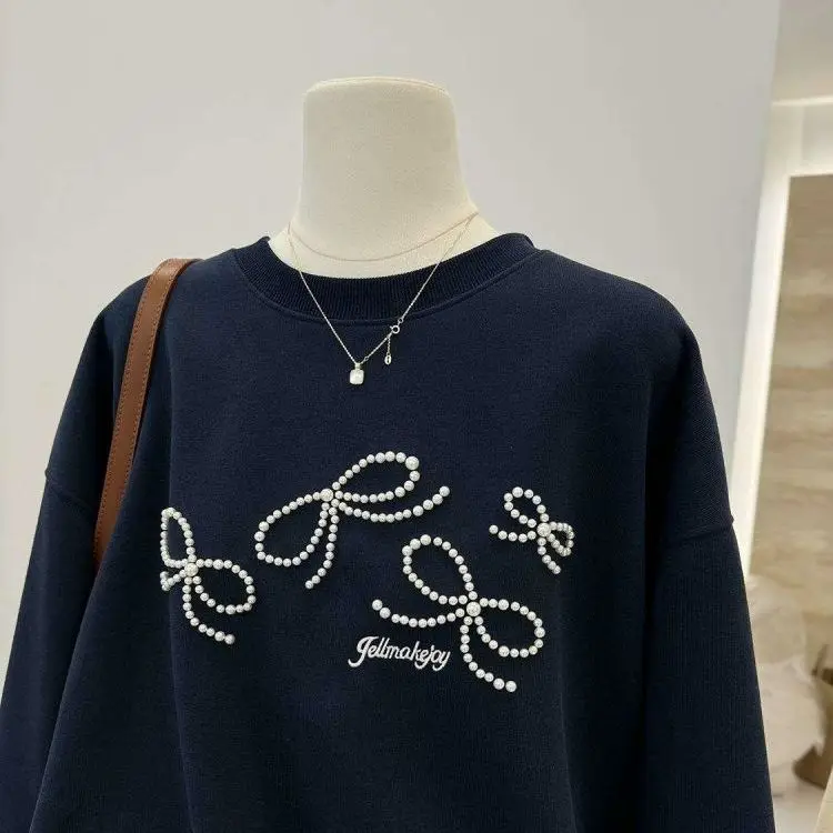Bead Embroidered Bow Sweatshirts Autumn High Sense Korean Fashion O-neck Loose Long Sleeve Top Women Pullover Sweatshirt Tops