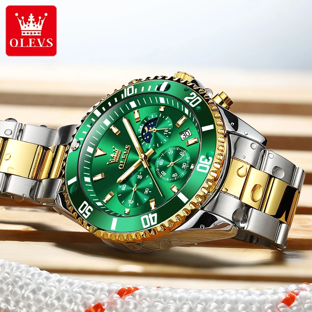 OLEVS Fashion Green Dial Quartz Watch Stainless Steel Top Brand Luxury Sport Waterproof Classic Men Luminous Chronograph Watches