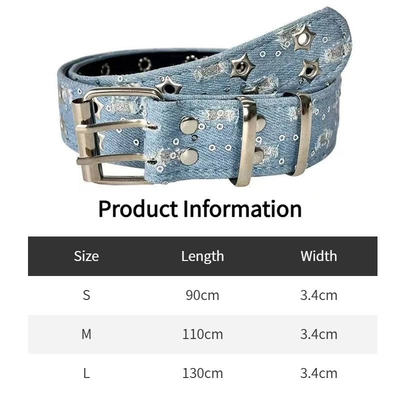 Distressed Ripped Denim Star-Studded Pin Buckle Belt, Black and Blue Vintage Washed Canvas Belt, Y2K Millennial Style, Personalized Decorative Waist Belt for Jeans and Cargo Pants, Fashionable Unisex Couple Belt