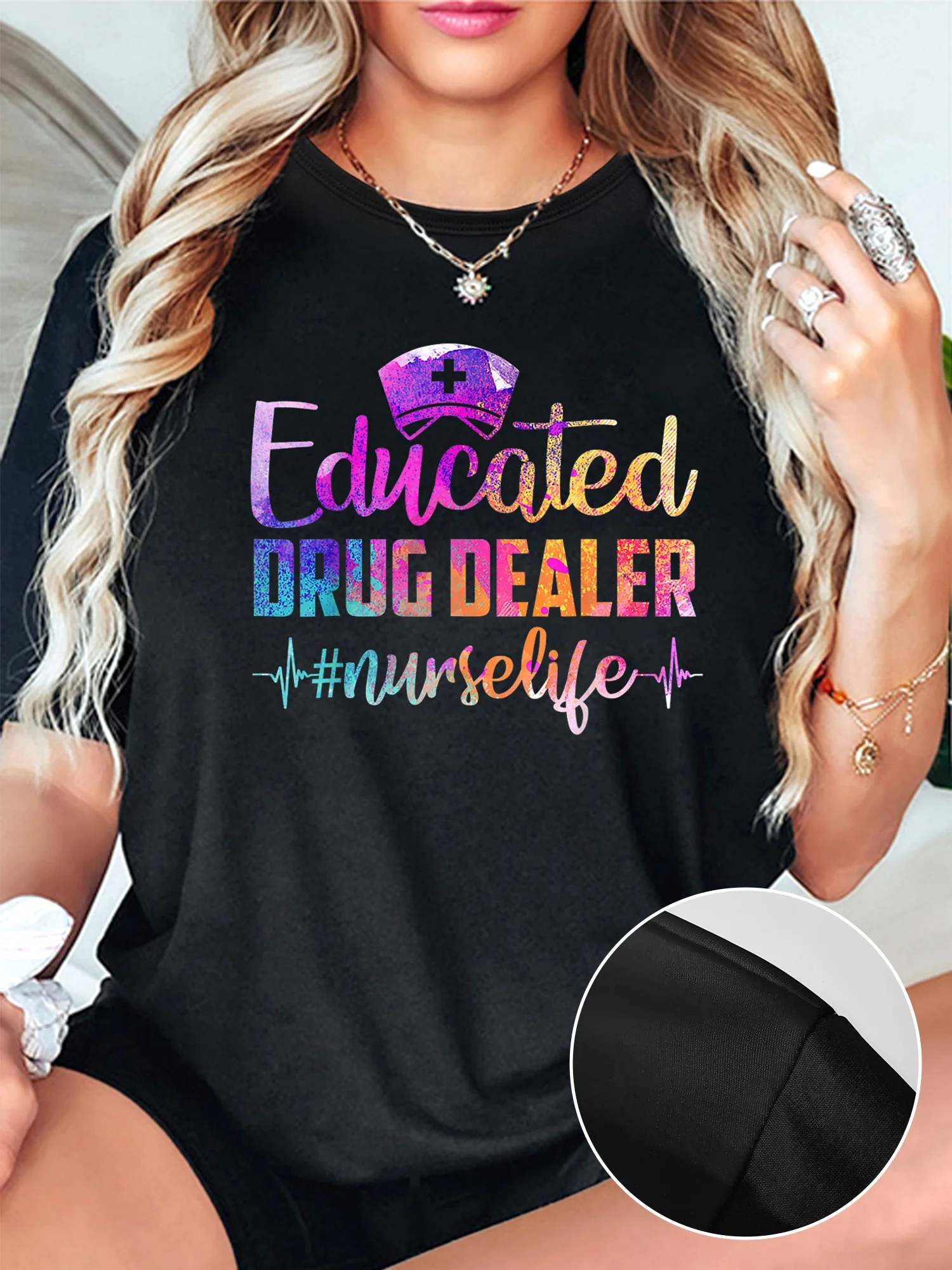 

[Gradient T-Shirt] Polyester Women's Casual T-Shirt | Gradient Nurse Cap Print, Short Sleeve, Round Neck