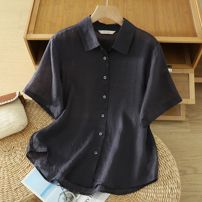 

Лето 2026, элегантный однотонный кардиган с короткими рукавами и воротником из хлопка и конопли, женская свободная повседневная офисная шикарная блузка для работы