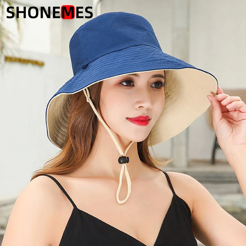 Shonemes Women Bucket Hat Big Brim UV Protective Hats Plain Blank Double Sided Fishing Cap with String for Ladies