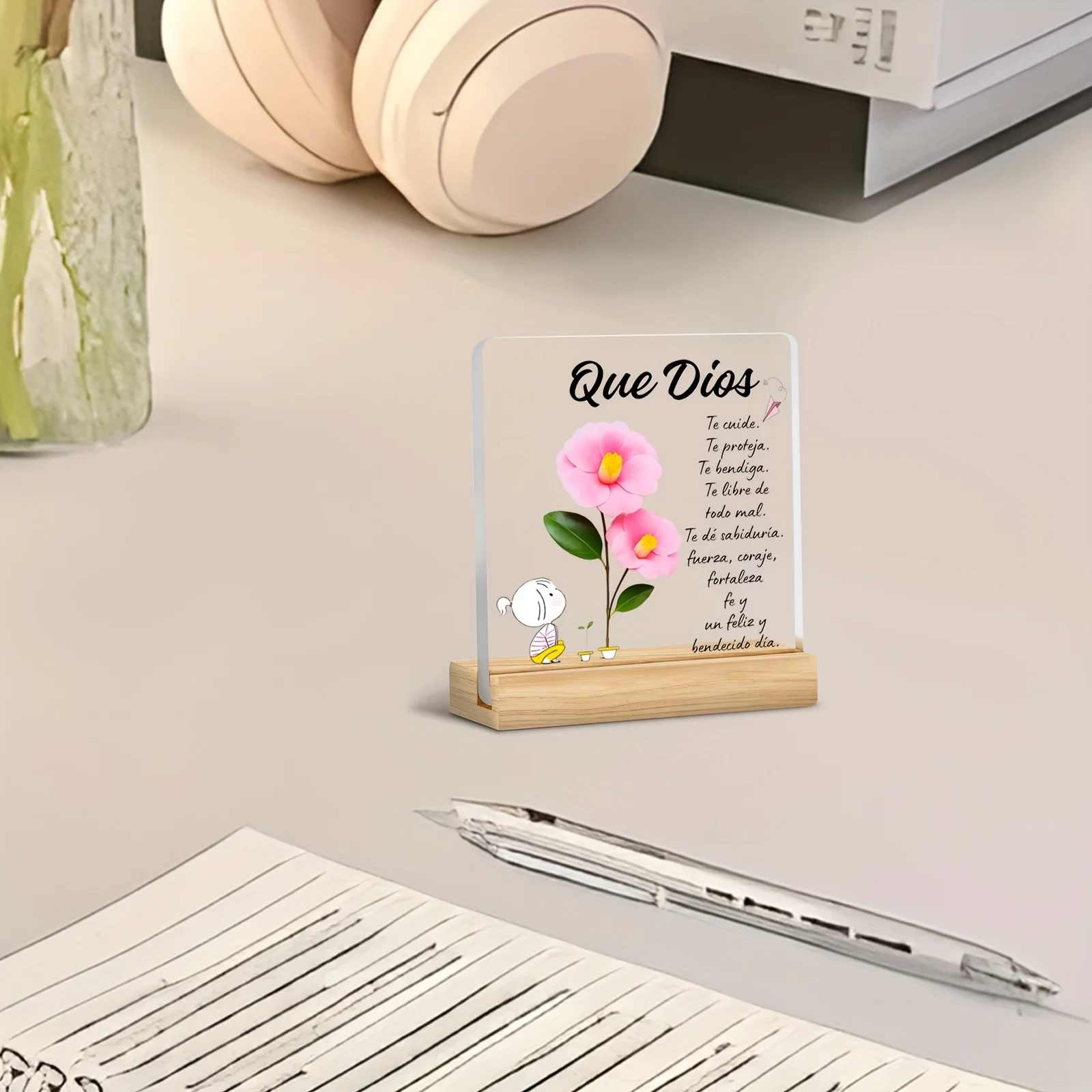 لوحة صلاة دينية إسبانية "Que Dios..." طباعة مسطحة ثنائية الأبعاد، زخرفة ملهمة وديكور رف الكتب، تركيب أرضي