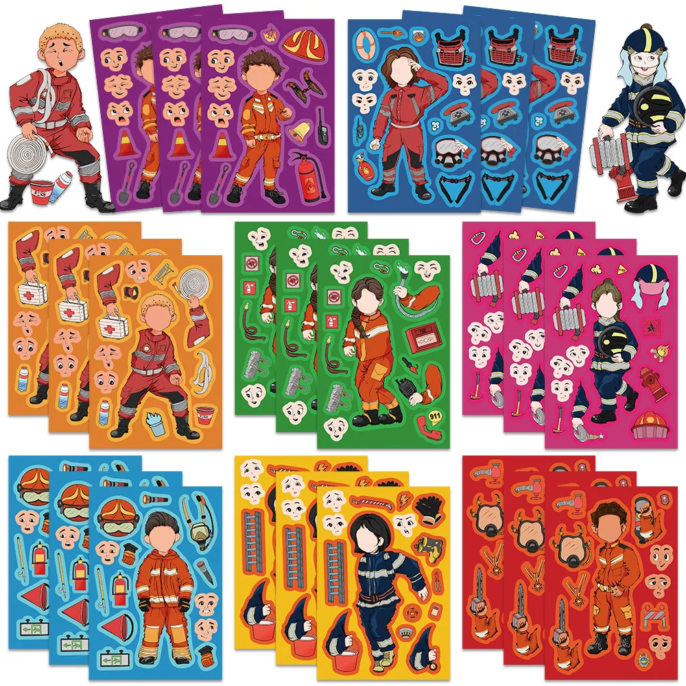 8/16Sheets Cartoon Firefighter Make a Face Puzzle Stickers Kids Toy Jigsaw Assemble Funny Decals DIY Game Party Gifts Decoration