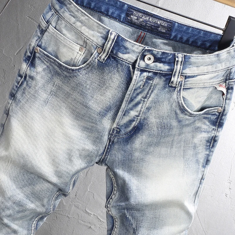 Designer Fashion Men Jeans High Quality Retro Light Blue Stretch Slim Fit Ripped Jeans Men Embroidery Vintage Y2K Denim Pants