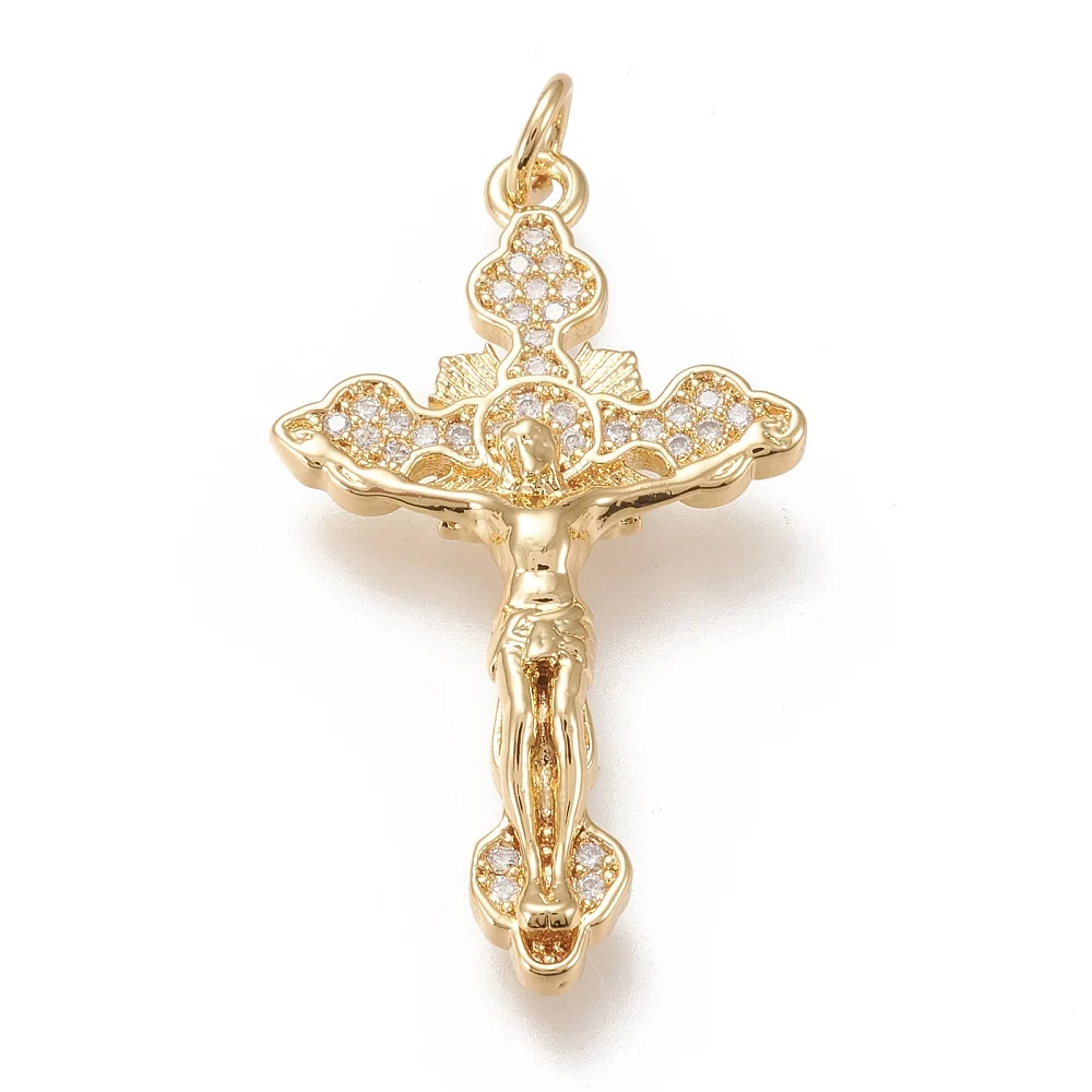 5pcs Metal Clear Cubic  Zirconia Pendants with Jump Rings Crucifix Cross Real 18K Gold Plated for Making DIY Jewelry Necklace