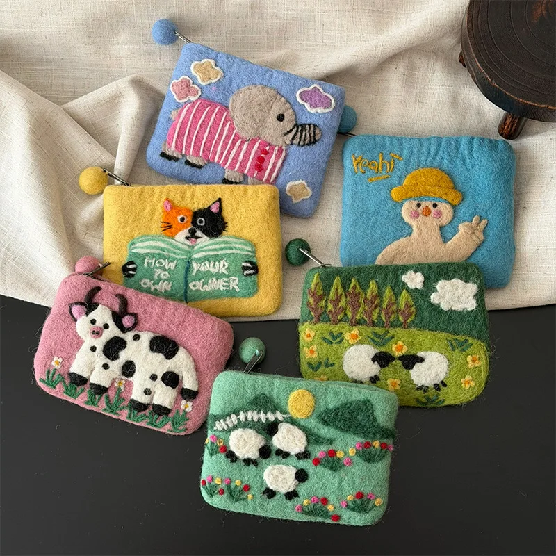 Creative Handmade Wool Felt Coin Purse Cartoon Sheep Card Holder Cute Animal Phone Bag Fashion Accessories Wallet Storage Pouch