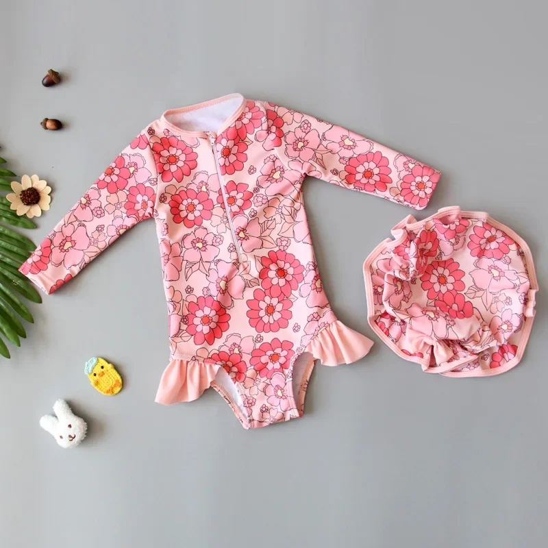 

Summer Girls One-piece Swimsuit Baby Girl Cute Floral Print Long Sleeve Zipper Quick-Dry Beachwear Swimwear Toddler Bathing Suit