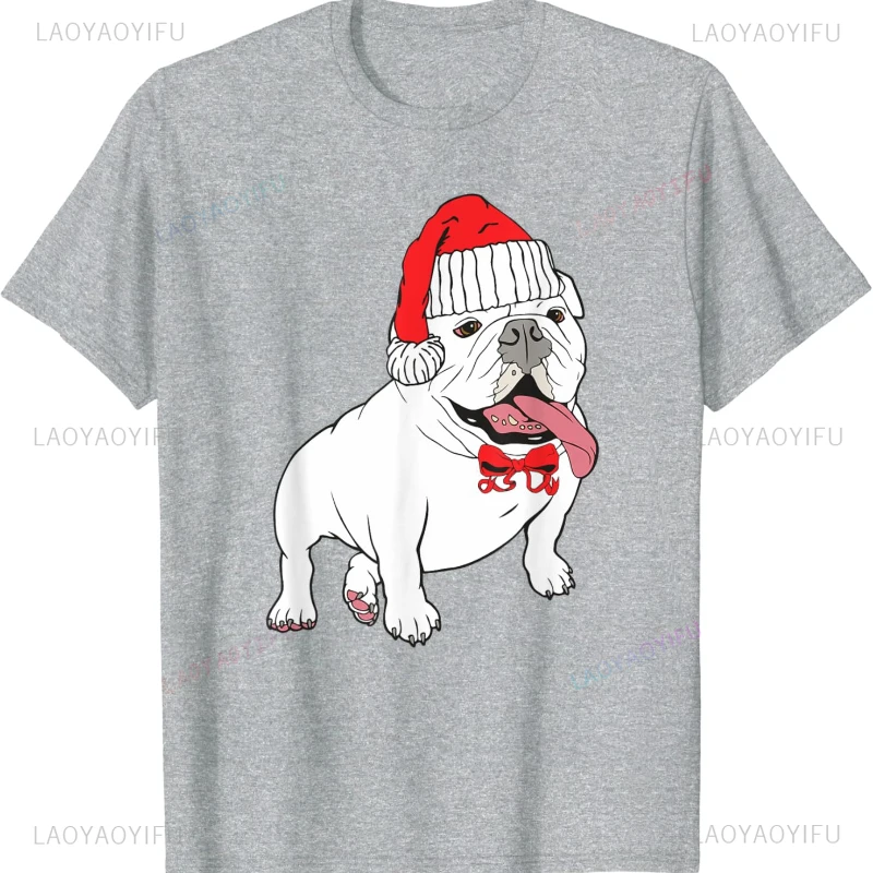 Christmas Bulldog Dog Santa Hat T-Shirt Gift for Dog Lovers T-Shirt Harajuku Graphic T Shirts Oversized T Shirt  Clothing unisex