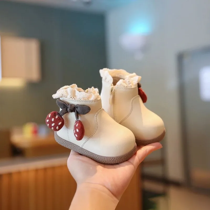 Baby Girl Cherry Blossom Lace Warm Soft Sole Boots Comfortable Toddler Princess Style Infant Footwear​