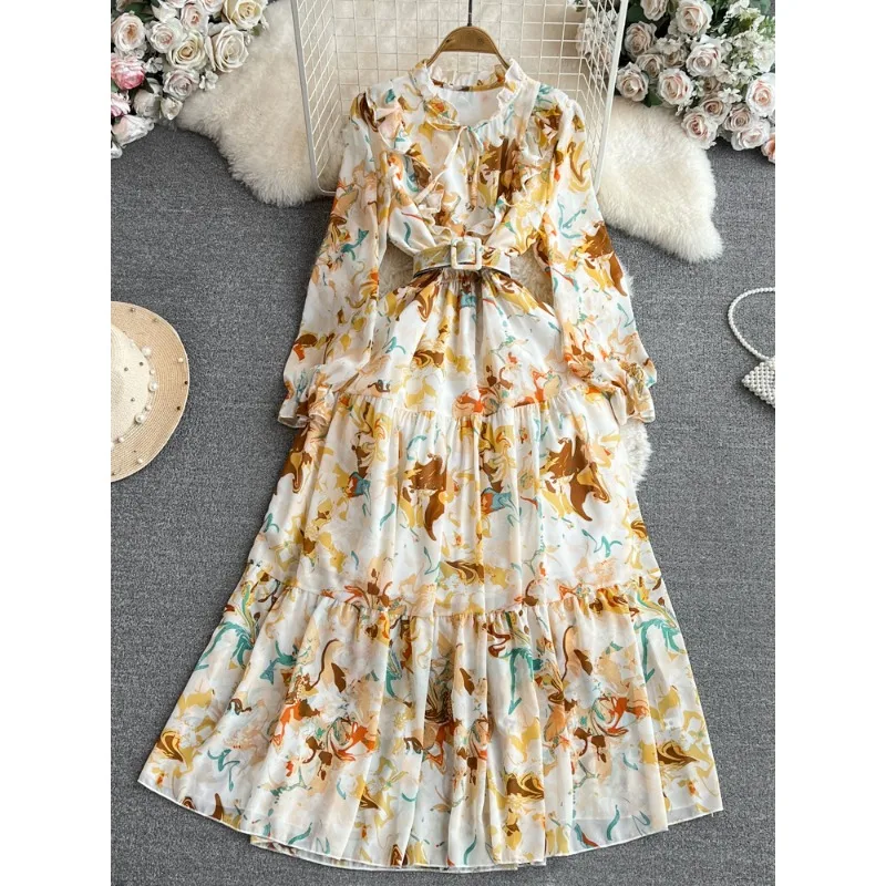 Sweet Memory Spring Autumn Women Floral Long Dress Vintage Stand Collar Ruffle Maxi Vestidos Female Elegant Vacation Beach Party