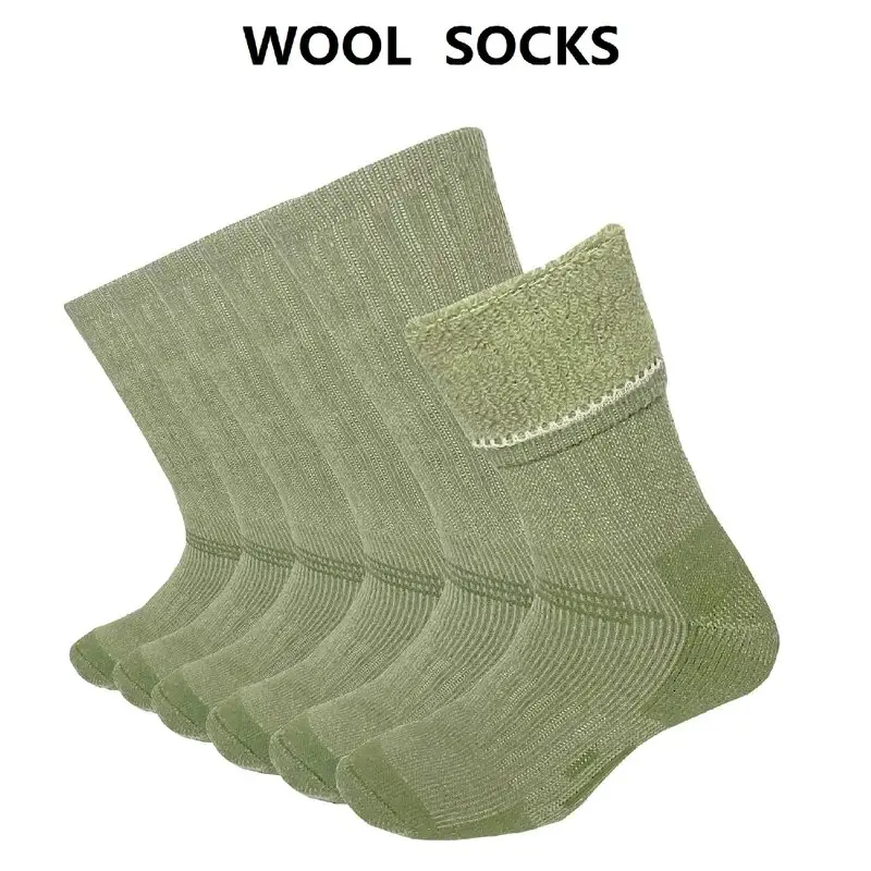 3 Pairs New Wool Hiking Pad Socks Keep Warm Crew Neck Winter Boot Socks Set Army Green Wool Socks Breathable