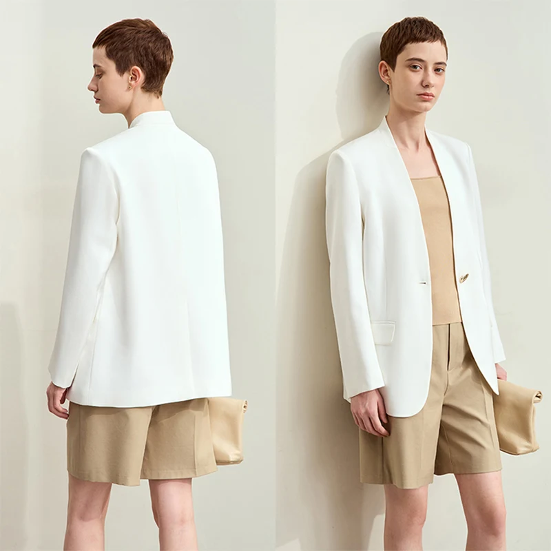 Amii بساطتها سترة نسائية 2025 الخريف جديد ركاب بليزرات للنساء الخامس الرقبة طويلة الأكمام مستقيم الساتان معطف الإناث 12443056