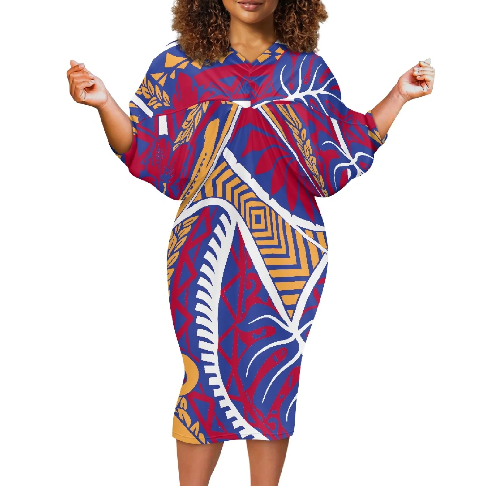 

Ladies Dolman Sleeve Bag Hip Skirt, Party Dress, Streetwear, Half Sleeve, Samoan, Polynesian Tribal Pattern, Sexy Slim-Fit Lady