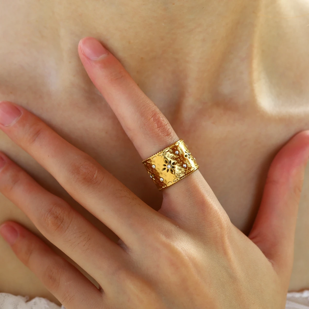 WILD & FREE Luxury Crystal Stainless Steel Wide Rings for Women Vintage Geometric Hollow Aesthetic 18K Gold Plated Jewelry