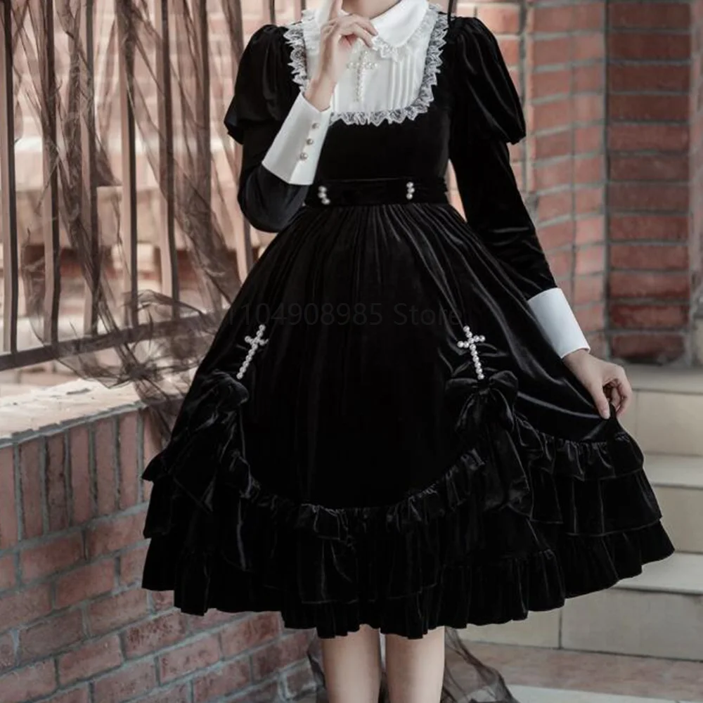 

Retro Long Sleeve Velvet Dark Lolita Princess Dress Vintage Cross OP Dress Halloween Costume Autumn Winter Gothic Lolita Dress
