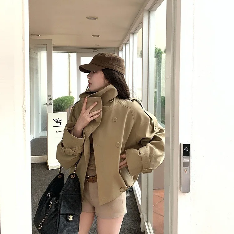 

Новый осенний женский однотонный укороченный плащ, винтажный двубортный короткий жакет с длинным рукавом, ветровка с воротником с лацканами