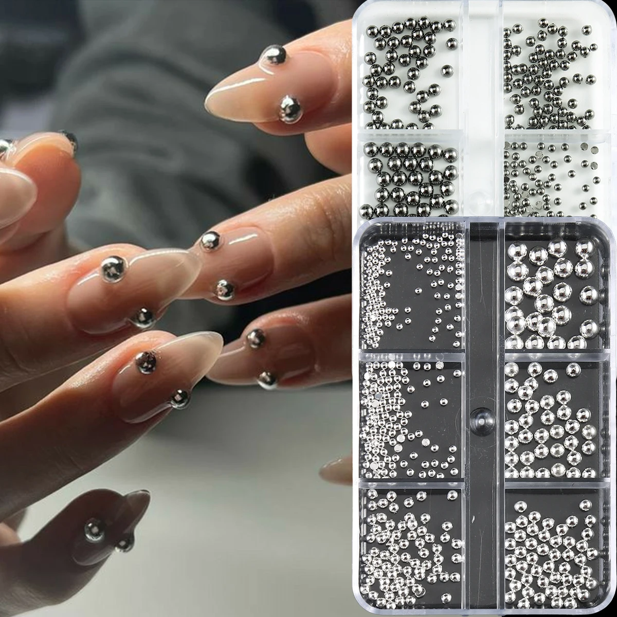 

Набор для дизайна ногтей с 6 отсеками, плоские блестящие элементы, серебристые/серебристо-коричневые полукруглые аксессуары для дизайна ногтей с железным покрытием, украшения для самостоятельного творчества, для моды