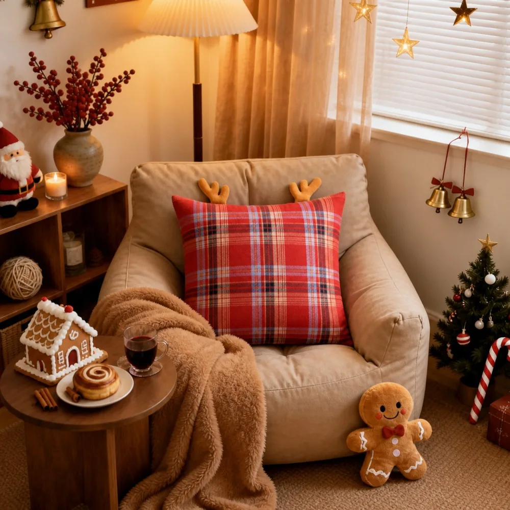 1Pc Christmas Plaid Pillow Cover | Polyester, Antler Ornament | Decorative Xmas Party Decor|Sofa Cushion|Farmhouse Holiday Style