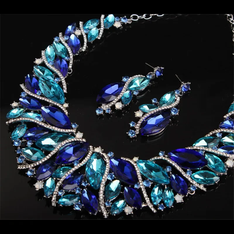 

Vintage Statement Crystal Necklace Earrings Set Retro Dubai Bridal Jewelry Sets Women's Party Luxury Big Colorful Jewellery Gift