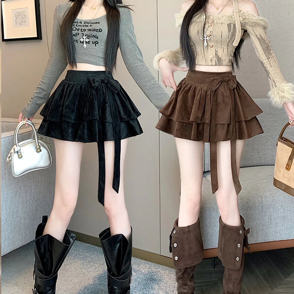 Autumn Winter Women's Dress Clothing New French Gentle Bow Layered Ruffle High Waist A-line Short Coffee Black Color Cake Skirt - Image 5