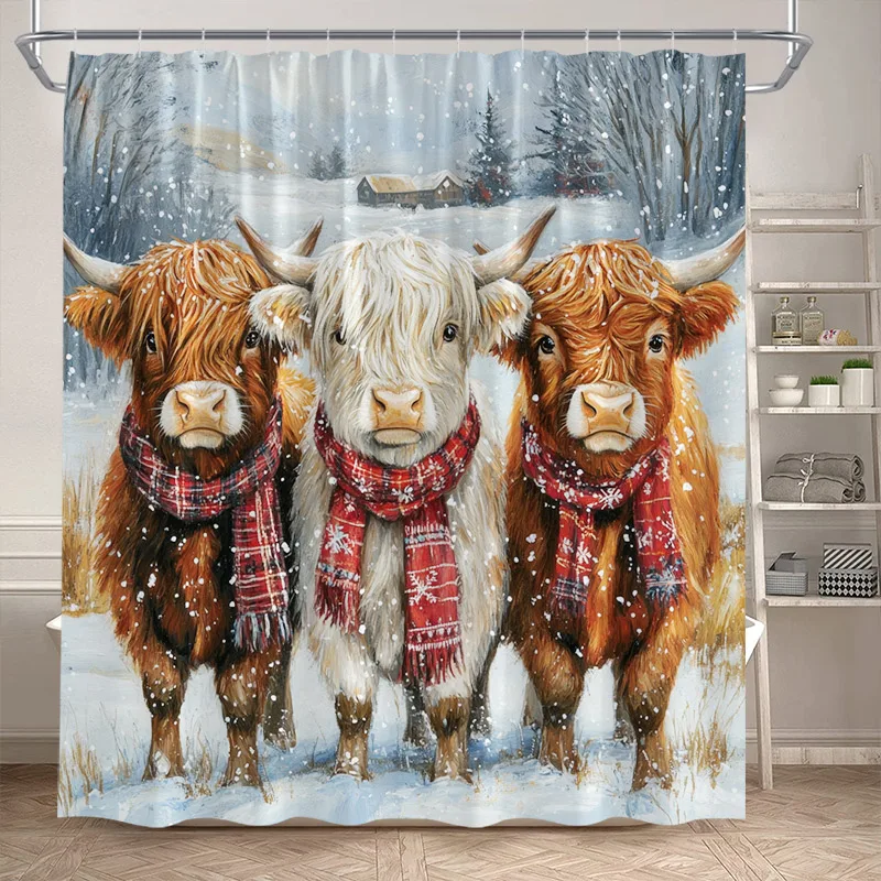 Farm Highland Cow Shower Curtain Winter Forest Farmhouse Animals Snowflake Scenery Christmas Bathroom Curtains Decor with Hooks