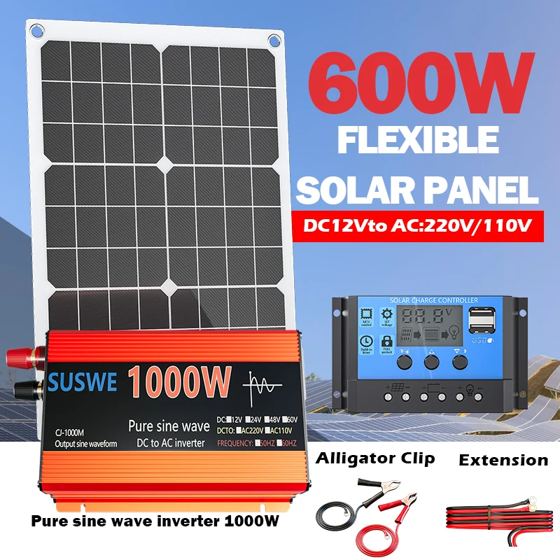 Solar System Kit 1000W 12V to AC 220V/110V Inverter+600W Solar Panel+100A Controller, Suitable for Charging RVs, Cars, Laptops
