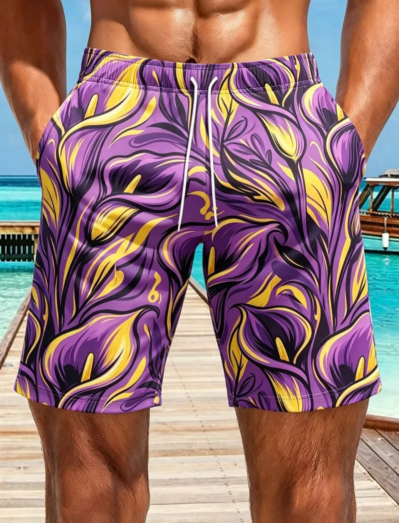 Men's artistic floral print quick drying beach shorts, exotic artistic style, suitable for summer holidays and leisure time