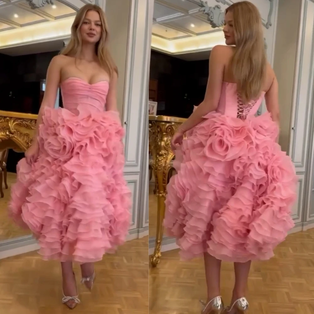 

Customized Fashion Casual Organza Pleat A-line Strapless Midi Dresses Bespoke Occasion Matching Exquisite