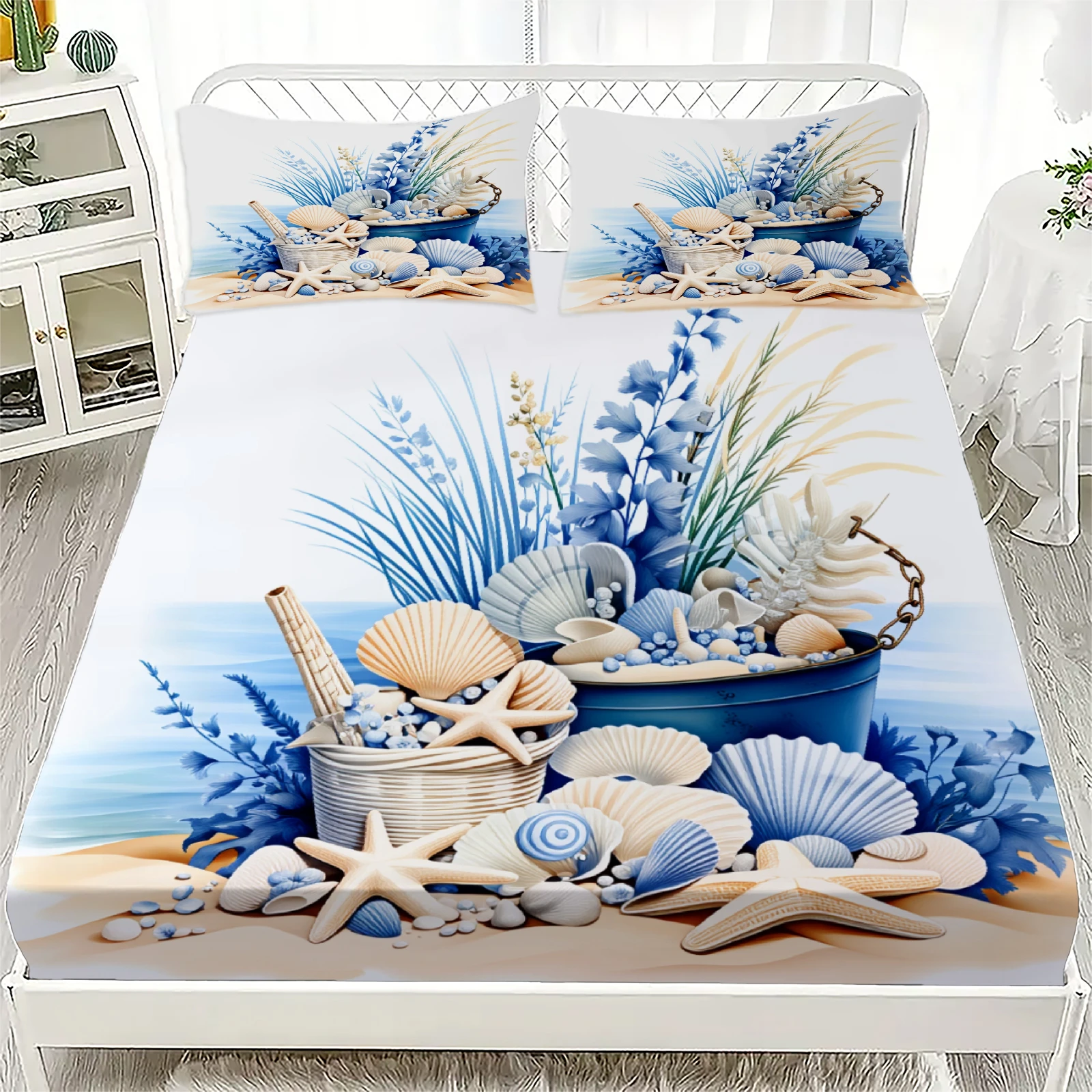 Seaside Beach Theme Fitted Sheet Set Blue And White Shell Starfish Coral Pattern With Pillowcases For Bedroom Decor