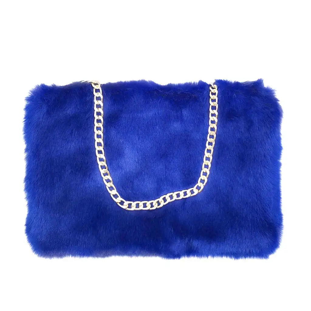 Faux Rabbit Fur Purse Fuzzy Handbags for Women Evening Handbags Al alloy Shoulder Strap Shoulder Bags Royal Blue