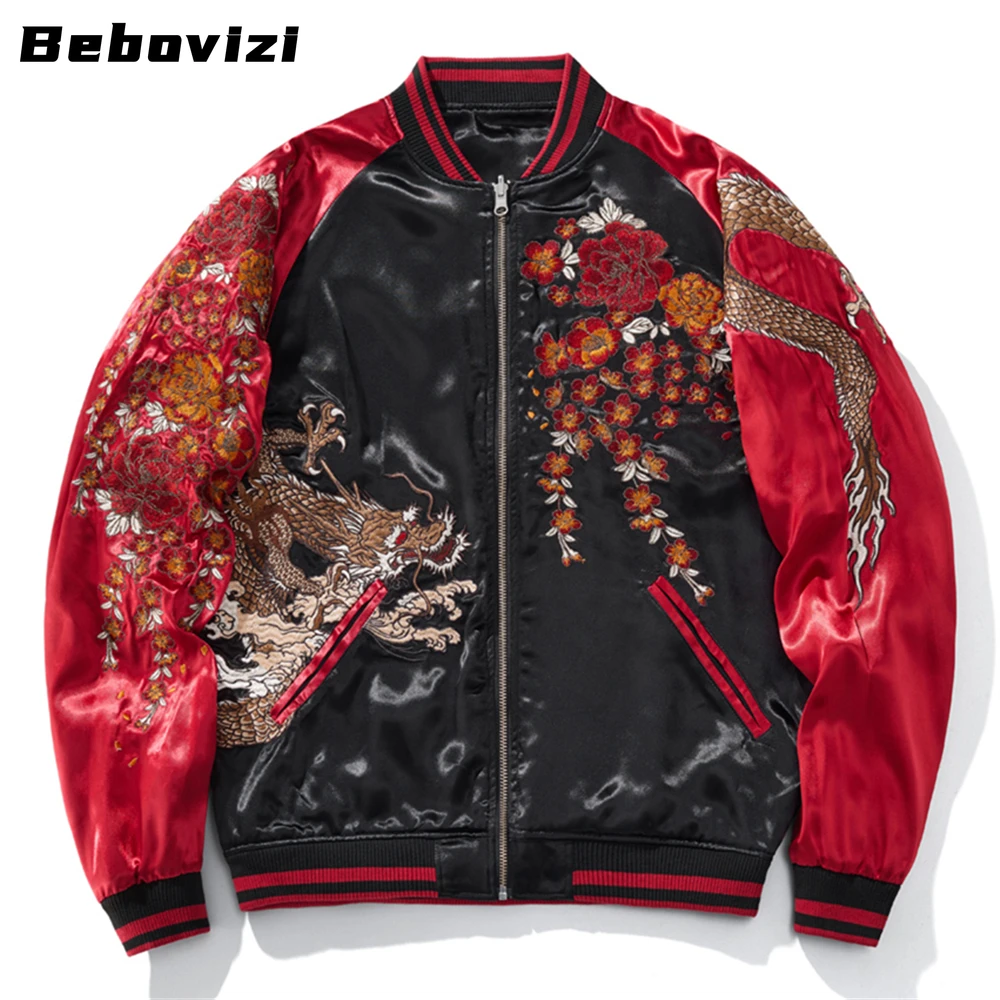 Hip Hop Chinese Dragon Embroidered Red Baseball Jacket Coat 2025 Men Motorcycle Jacket Streetwear Harajuku Clothing Autumn