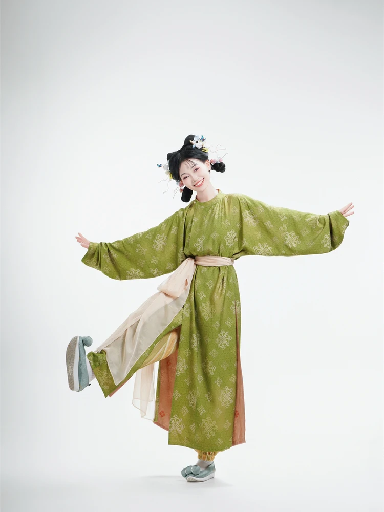 

Модный комплект Hanfu с двусторонним принтом Nanan Flavor: халат с круглым вырезом и брюки-фонарики из хлопка для весенне-осеннего сезона