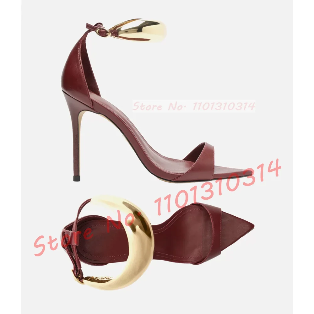 Tan Pointed Toe Sandals With Metal Ring Women Summer Sexy Ankle Strap Sandals Ladies Trending Evening Dress Stiletto Shiny Shoes