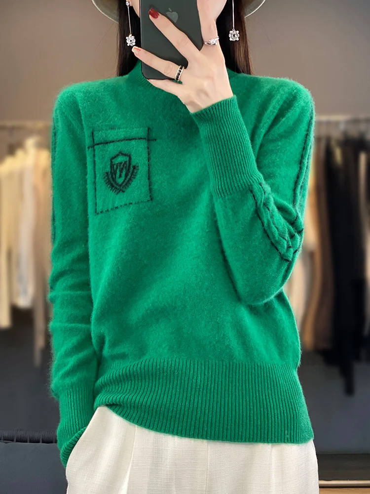 Fashion Autumn Winter Women's 100% Merino Wool Sweater Mock Neck Cashmere Pullover Basis Casual Female Clothing Tops