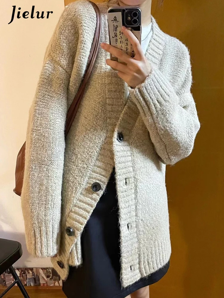 

Jielur French Style Sweet Loose Knitting Female Cardigan Fashion Solid Color Autumn Simple Casual Chicly Button Women Cardigan