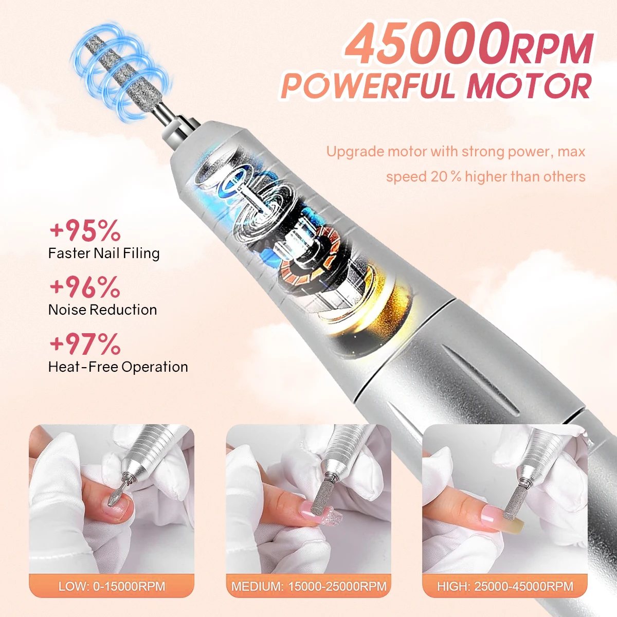 45000RPM Professional Rechargeable Electric Nail Drill Machine Portable Cordless Nail File For Acrylic Gel Nails Remove