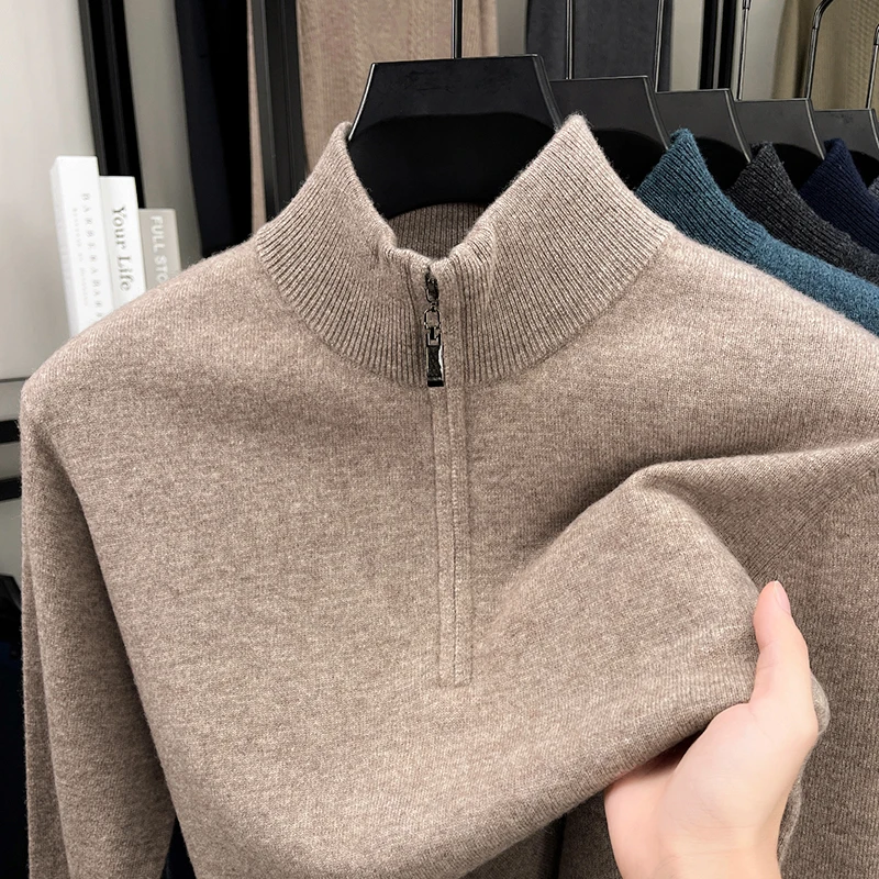 High-End Luxury Man Long Sleeves Knitwear 100%wool Half-Zip Mock Neck Solid Color Korean-Style Youth Vitality Pullover Men'swear